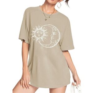 Women's Beige Celestial Graphic Tee Remidoo Short Sleeve Sun Moon Print T-Shirt